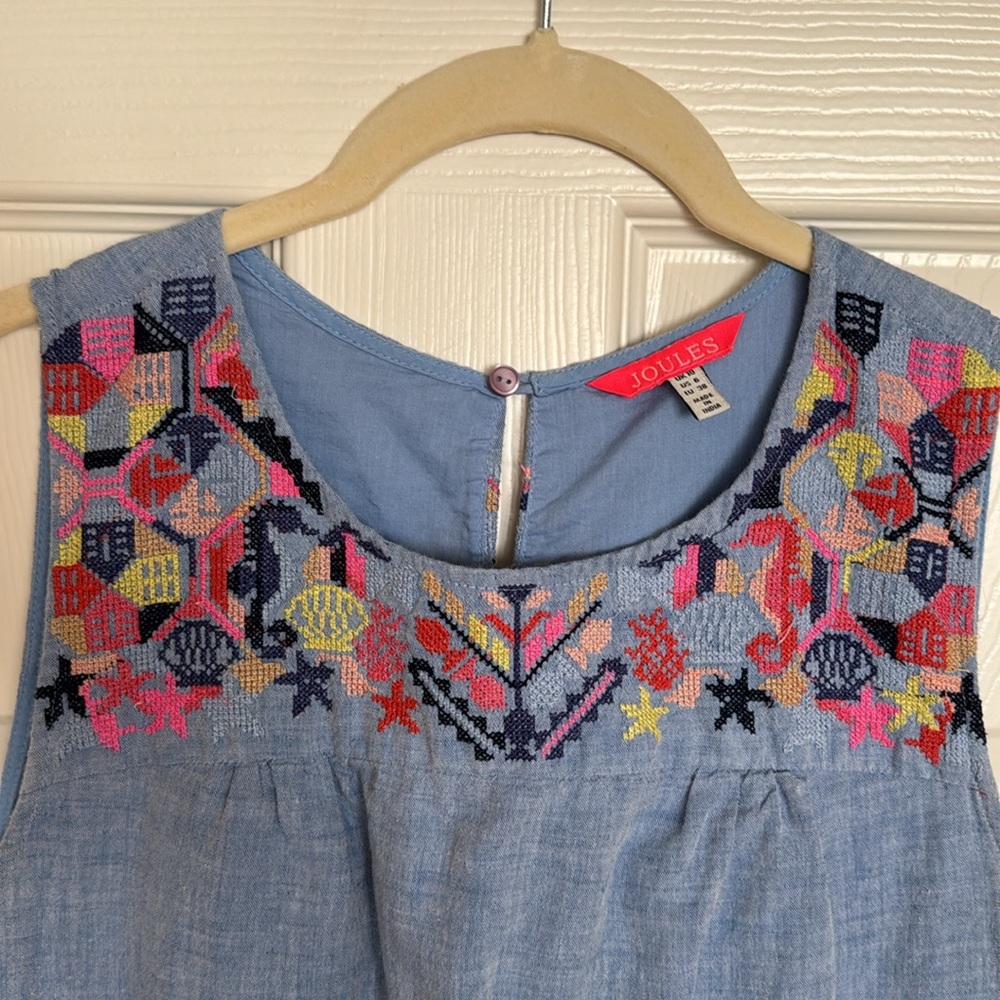 Joules chambray shift dress with embroidery